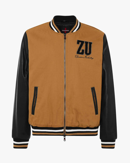 Varsity jacket in two materials with zip and patch