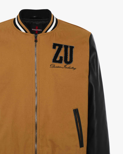 Varsity jacket in two materials with zip and patch