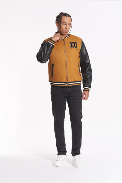 Varsity jacket in two materials with zip and patch